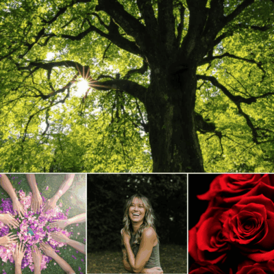 tree with sunshine through leaves heart stone on piled stones circle of hands in petals