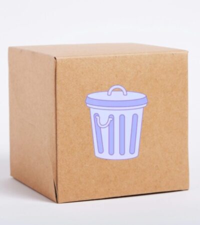 cardboard box with rubbish bin logo