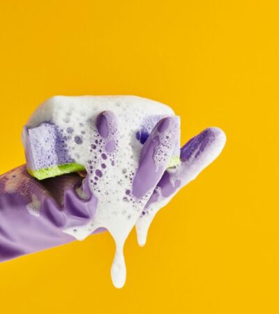 purple rubber glove and a soapy sponge