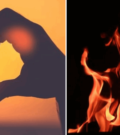 on the left the sun in a heart made of hands and on the right a bright orange fire