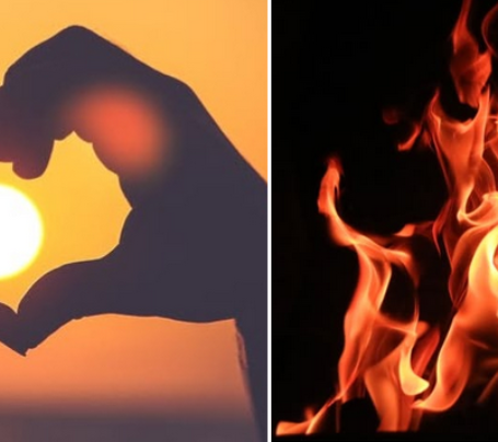 on the left the sun in a heart made of hands and on the right a bright orange fire